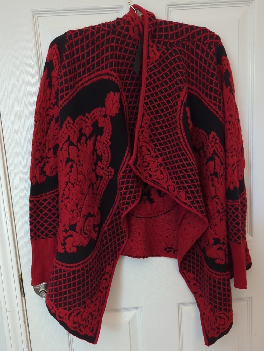 SIONI Red Black Baroque Knit Waterfall Cardigan Sweater L/XL HTF - Picture 6 of 15